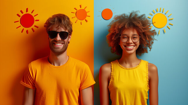 Happy couple with suns drawn on heads smiling in yellow sunglasses