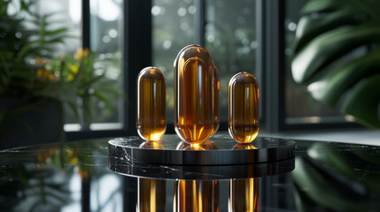 Three omega 3 capsules on a black podium in a modern living room. - obrazy, fototapety, plakaty