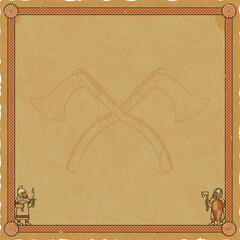 Square Parchment with Viking Warriors, Norse Frame, Crossed Throwing Axes