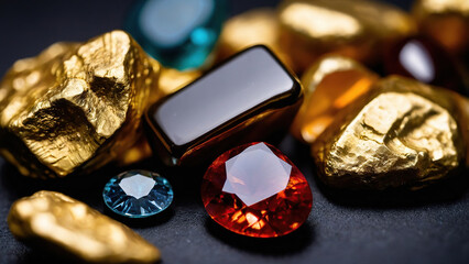 Close-up of gold nuggets mixed with precious stones. Selective focus. Success, business and store concept.