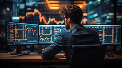 A trader making a trade in front of computer screens with trading chart, making professional analysis of candlestick chart. Generative AI.