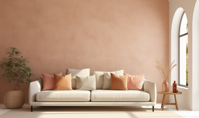 Fototapeta na wymiar Minimalist and Warm Living Room with a White Sofa and Soft Pink Cushions