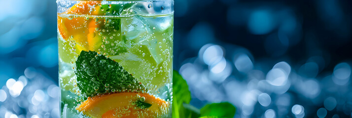 Refreshing citrus mint drink with bubbles and bokeh lights. - obrazy, fototapety, plakaty