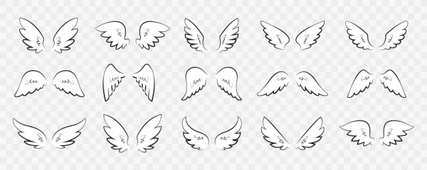 Set of wings icons. Wings icons. Bird wings, angel wings elements. Wing collection in different shape. Wings badges. Vector wings isolated on transparent background. Vector illustration