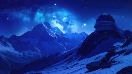 Crédence de cuisine en verre imprimé Bleu foncé An observatory under a starry night sky, amidst snowy mountains, suggesting exploration and astronomy