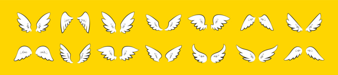 Set of wings icons. Wings icons. Angel wings elements. Wing collection in different shape. Wings badges. Vector angel wings isolated on yellow background. Vector illustration
