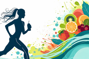 Active lifestyle illustration with fruits and refreshing drink.