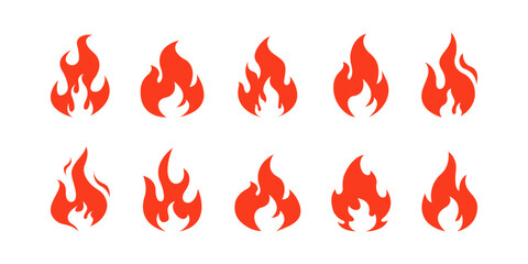 Fire flame icon set. Fire flames. Flame symbols. Fire silhouette. Set of red and orange fire flame. Collection of hot flaming element. Fire, flame. Vector illustration