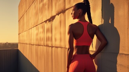 Athletic woman in red sports gear pausing against a textured wall