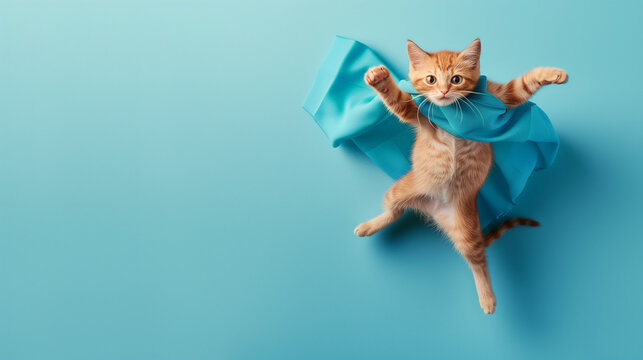 Flying Feline Hero The Adventures of the Superhero Cat with Cape in front of a Blue Background