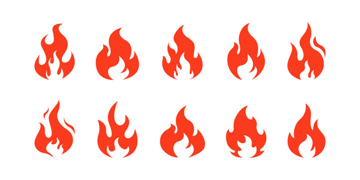 Fire flame icon set. Fire flames. Flame symbols. Fire silhouette. Set of red and orange fire flame. Collection of hot flaming element. Fire, flame. Vector illustration