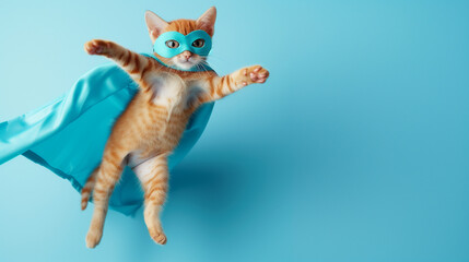 Flying Feline Hero The Adventures of the Superhero Cat with Mask and Cape in front of a Blue Background