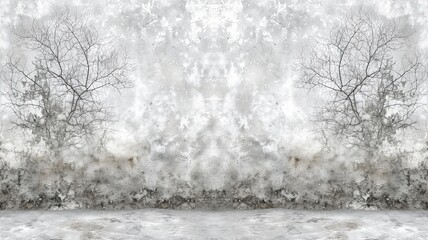 A symmetrical composition of barren trees reflecting on a textured surface, creating an abstract, wintry landscape