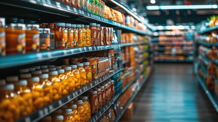 A supermarket with shelves stocked with a wide variety of products. Generative AI. - obrazy, fototapety, plakaty