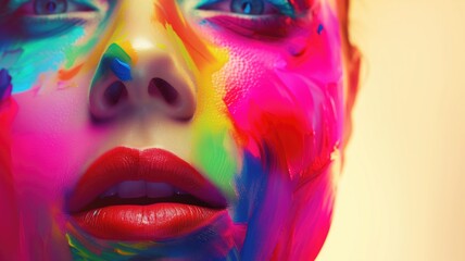 Vivid rainbow paint adorning woman's face, close view