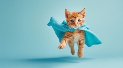 Flying Feline Hero The Adventures of the Superhero Cat with Cape in front of a Blue Background