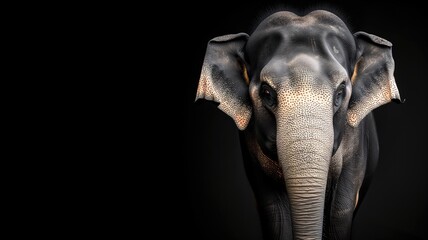 Side profile of an elephant against a black background, highlighting its features and grandeur