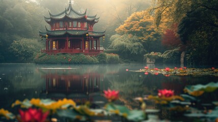 Traditional red Chinese pagoda by a calm lake with lotus flowers, surrounded by misty autumn foliage