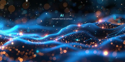 Screensaver promo slogan navy blue with light waves, red star lights, science, universe, technology, with text in blue and white color, "AI, remain fast & curious". Lema IA, manténte rápido y curioso