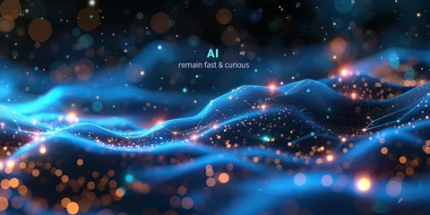 Poster Screensaver promo slogan navy blue with light waves, red star lights, science, universe, technology, with text in blue and white color, "AI, remain fast & curious". Lema IA, manténte rápido y curioso © AmayaGB