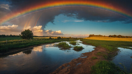 Panorama of a big summer field shined with the sun, with clouds and rainbow in the sky on background