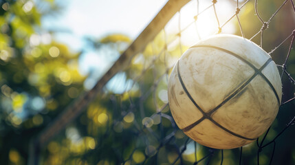 Summer holiday background. Beach volleyball. Volleyball hitting the net.