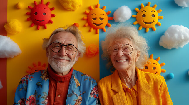 A man and a woman are posing for a picture in front of a wall with suns and clouds