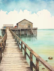 Fotobehang Rustic Seaside Piers Wall Art: Vintage Landscape & Coastal Art Print © Michael