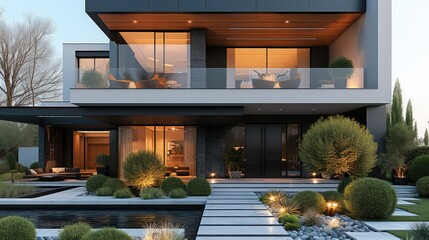 Architectural elevation design modern house. Generative AI. - obrazy, fototapety, plakaty