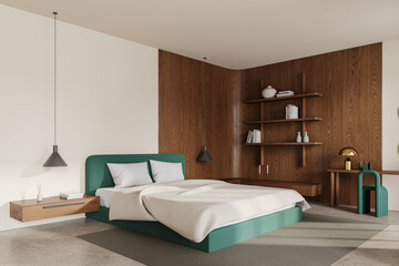 Fototapeta na wymiar Modern home bedroom interior with bed and workplace, wooden shelf