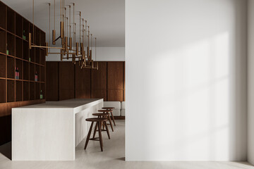 Modern cafe interior with bar island and stool, mock up wall