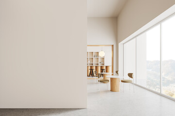 Elegant cafe interior with bar island and dining space, window. Mock up wall