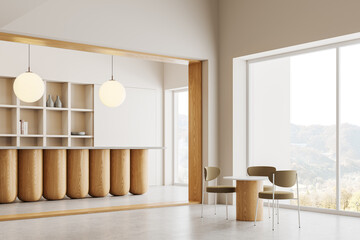 White cafe corner with bar and table