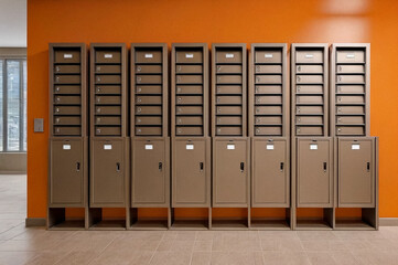 Orange steel Mailboxes in an apartment residential building inside. Modern rows of numbered mailbox, creative design mail backgrounds. Urban correspondence concept. Copy ad text space. Generated Ai