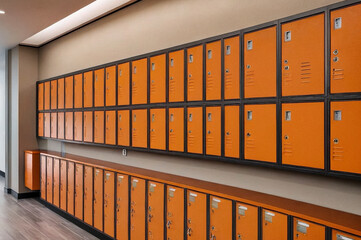 Orange steel Mailboxes in an apartment residential building inside. Modern rows of numbered mailbox, creative design mail backgrounds. Urban correspondence concept. Copy ad text space. Generated Ai