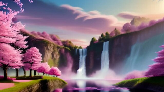 The Magic of Nature: A Fantasy Waterfall in a Green Forest
