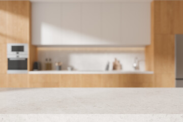 Obraz na płótnie Canvas Quartz countertop on background of kitchen interior with kitchenware. Mockup