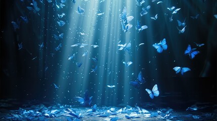 A beam of light shines down on the theater stage with flying feathers and blue butterflies in the light. Generative AI.