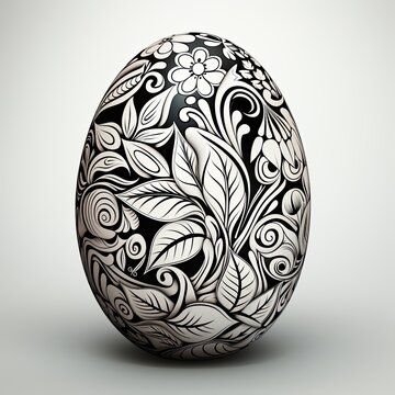 Easter egg with floral pattern coloring 3D illustration. Blank drawing Easter egg template black and white. Coloring pages for Easter. Print egg with floral patterns, coloring book.