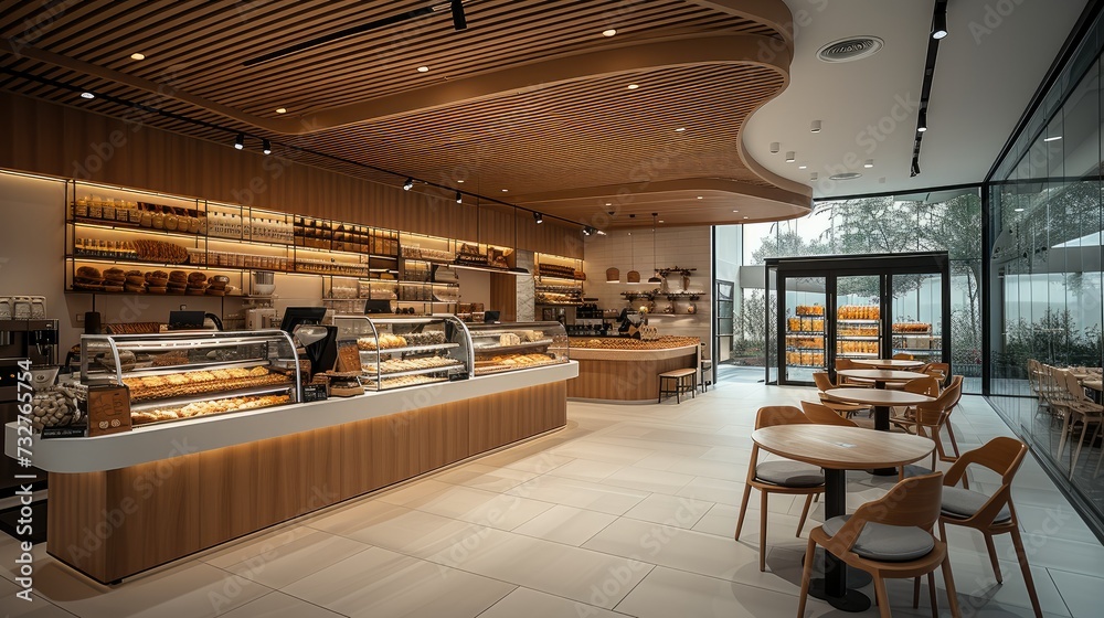 Poster Cafe bakery and hypermarket interior with a counter and tables arranged neatly. Generative AI.