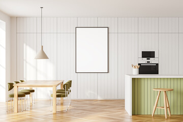 Luxury home kitchen interior with eating table and cooking cabinet. Mockup frame