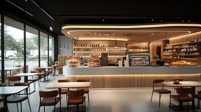 Cafe bakery and hypermarket interior with a counter and tables arranged neatly. Generative AI.