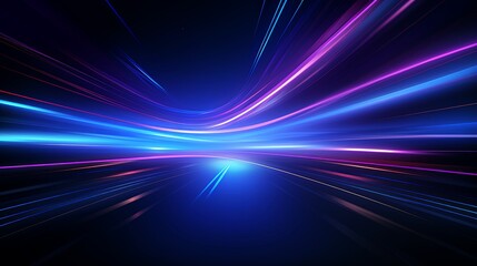 Fototapeta na wymiar Abstract technology futuristic glowing blue and purple light lines with speed motion blur effect on dark blue background. 