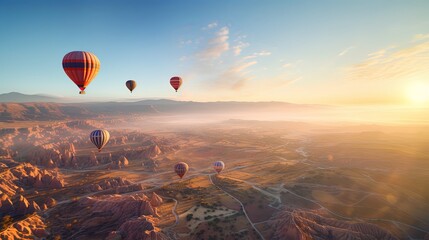 Aerial view of a fleet of hot air balloons, in Cappadocia, Turkey, at sunrise. Cappadocia is a popular tourist destination.