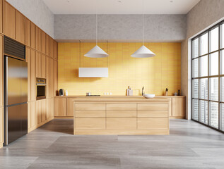 Modern home kitchen interior with bar island, cooking cabinet and window