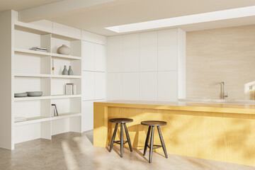 Stylish home kitchen interior with bar counter and stool, shelf with decoration