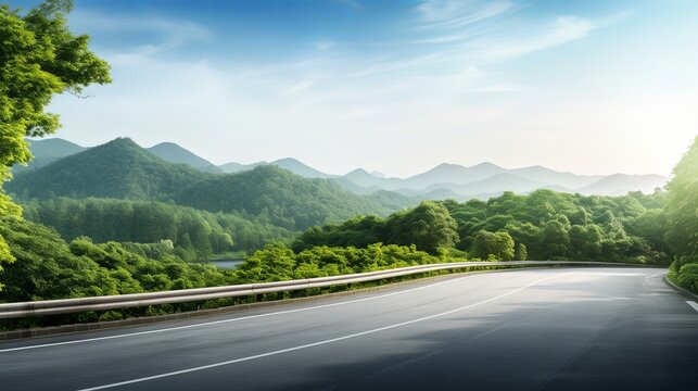 Asphalt road and green forest with mountain nature landscape in Hangzhou, China.