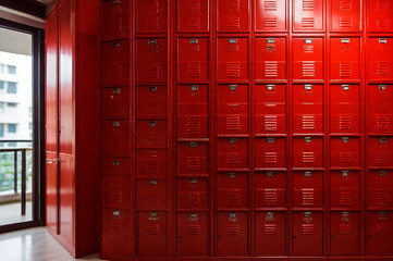 Red steel Mailboxes in an apartment residential building inside. Modern rows of numbered mailbox, creative design mail backgrounds. Urban correspondence concept. Copy ad text space. Generated Ai