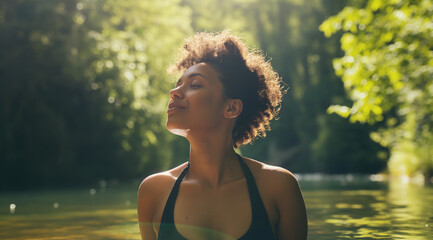 Lifestyle portrait of attractive young black woman outside enjoying a swim in forest stream in summer sunlight