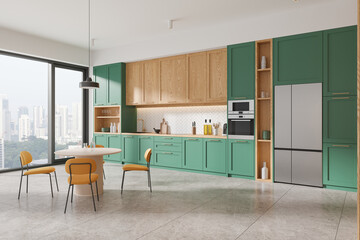 Luxury home kitchen interior with cabinet and eating table, panoramic window